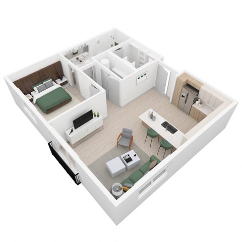 Floor plan for 1 bed, 1 bath, 743 sqft